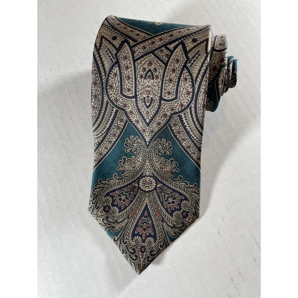 Vintage‎ Oscar de la Renta Couture Men's Silk Tie - Green & Navy Paisley Pattern
